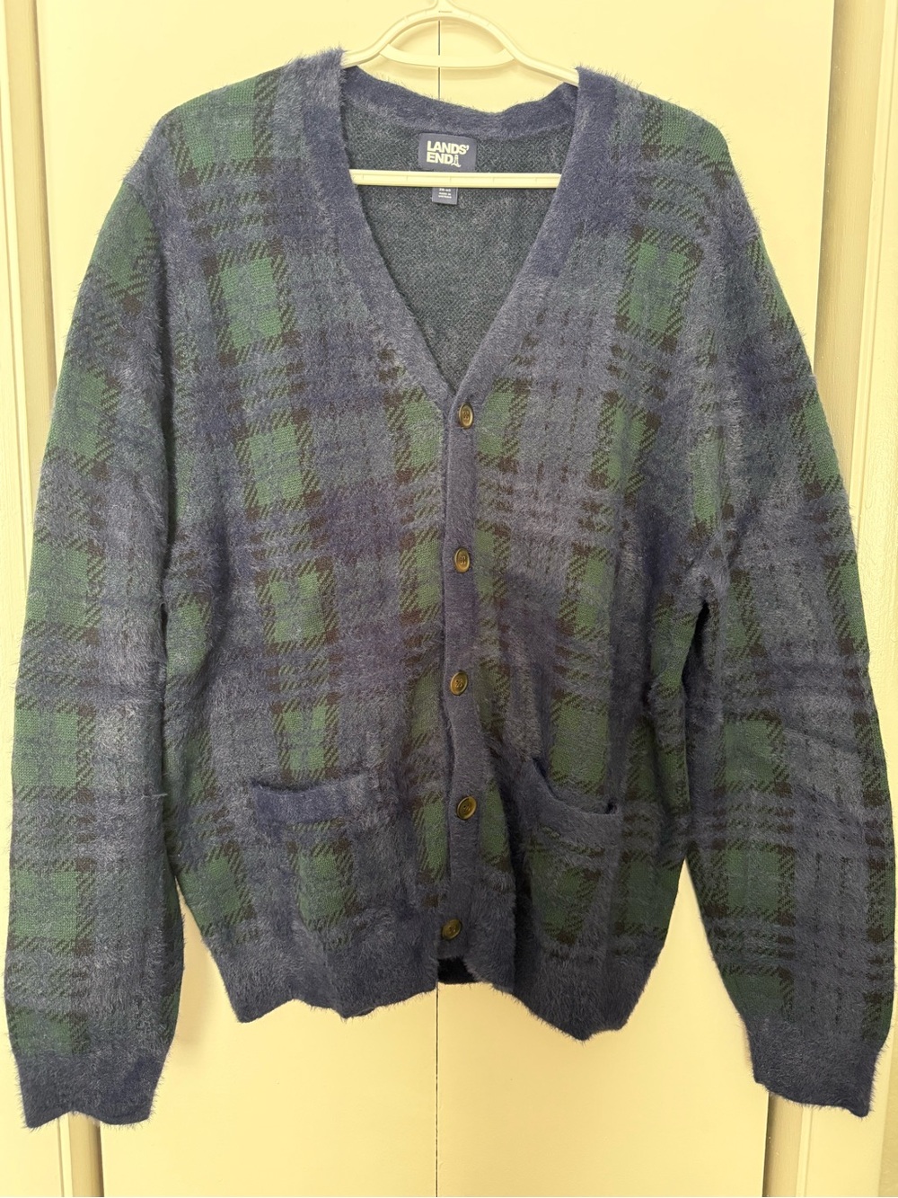 Lands' End Blue and Green Plaid Men's Cardigan